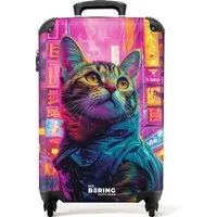 NoBoringSuitcases.com© Hartschalen-Trolley Katze mit Mantel in bunter Stadt 55x35x20cm, 4 Rollen, Reisetasche mit Rollen, Koffer Handgepäck Flugzeug