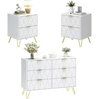 UEV Schlafzimmer-Set, 3er-Set Schlafzimmermöbel, Sparset Jugendzimmer-Set, (Kommode mit 6 Schubladen und 2er-Set Nachttisch, Modern Linienmuster, Skandinavisch Goldene Griffe und Füße), Schublade mit Soft-close, Sideboard mit Kisppschutz