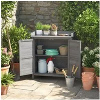 Outsunny Geräteschrank mit verzinkter Arbeitsplatte, 2 Regalböden (Outdoor Gartenschrank, 1-St., Pflanztisch mit Unterschrank) für Garten Balkon Terrasse 83 x 40 x 92cm Grau