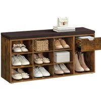 VASAGLE Schuhbank Schuhregal, Flur, Schlafzimmer und Eingangsbereich, 30 x 104 x 48 cm, 1 Schublade, 10 offene Fächern, Sitzbank, gepolsterter Sitz, vintage