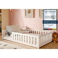 Kids Collective Kinderbett Bodenbett Bett mit Rausfallschutz & Lattenrost Montessori Bett Kinder (Jungen, Mädchen, Kinder, weitere Größen 80x160, 90x200, 140x200 cm), Gitterbett Jugendbett natur mit Matratze Junge Mädchen 120x200cm