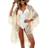 Mutig Strandkleid Spitzen-Kimono Strandponcho für Damen eleganter Badeanzug CoverUp (Boho Kimono Poncho, lockere Strandtunika mit Quasten-Cardigan., Strickjacke als Bikini Beachwear Cardigan – ideale Resortbekleidung) für Urlaub, Pool, Strand und Par