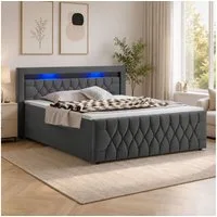 Juskys Polsterbett Leona, 140x200 cm, Boxspringbett-Optik, Samt-Bezug, LED-Licht, H4 Matratze