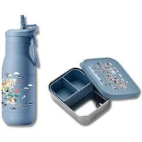 JENARD Lunchbox Set Brotdose & Trinkflasche Edelstahl – Weltkarte mit Tiere Blau, (2-tlg., 2-teilig, Brotdose und Trinkflasche), BPA-frei, kindgerecht, robust, langlebig, lebensmittelecht