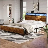 MSMASK Bett mit LED Beleuchtung, Steckdose & USB-Ladefunktion sowie Stauraum (Ohne Matratze), 160x200cm Doppelbett in Braun mit Holzkopfteil