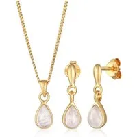Elli Premium Schmuckset Mondstein Kette Ohrhänger 925 Silber vergoldet