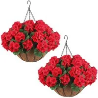 Kunstblumenstrauß 2er-Set künstliche Geranienblüten für den Außenbereich mit braunemKorb, GarveeMore, Hängepflanze 12PCS Geranienblüten für Weihnachten,Veranda,Garten