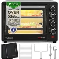 TurboTronic Minibackofen mit Umluft und Drehspieß 35 Liter, Schwarz, inkl. 2x Backbleche 1600W, schnelle Aufheizzeit, von Brötchen über Hähnchen bis Pizza