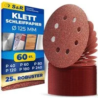 S&R Schleifpapier Klett, Set 125 mm, Meister, für Exzenterschleifer Ø 125 mm, (Set, 60 St., 10 x Körnungen P40, P60, P80, P120, P180, P240), besonders dichter Faser-Rückseite für zuverlässigen Halt