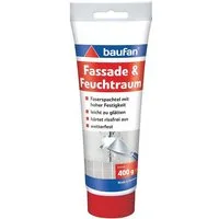 baufan® Spachtelmasse Fassadenspachtel & Feuchtraumspachtel 400 g Innen Außen, faserverstärkte Spachtelmasse mit hoher Festigkeit