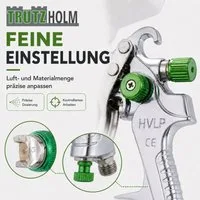 TRUTZHOLM Lackierpistole HVLP Lackierpistole 3 Edelstahldüsen 1,4mm 1,7mm 2,0mm 600ml Becher, Set, 16-tlg., Der empfohlene Druck von 2,5-3,5 bar hängt von der Lackierweise ab.