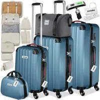 tectake Trolley Hartschalenkoffer-Set 19-teilig aus ABS-Kunststoff, Kofferwaage, 4 Rollen, TSA-Schloss, 360° drehbare, abnehmbare Rollen, mit Packwürfelset