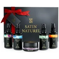 Satin Naturel Feuchtigkeitspflege-Set Geschenkset – Luxus Skincare Routine für strahlend schöne Haut mit Aloe Vera Gel, Arganöl, Vitamin C Serum, Hyaluron Serum & Retinol, 5-tlg., Natürlich. Vegan. Hochwertig.