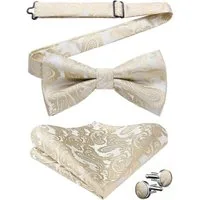 LuxusKollektion Fliege Fliege Herren Paisley Einstecktuch Manschettenknopf Set A1 Beige