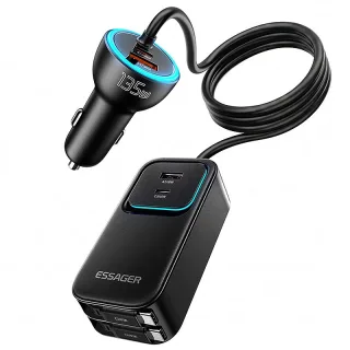 ESSAGER F789 135W Rear-Seat Car Charger with Retractable Cables 2USB-A+2Type-C+2Type-C Retractable Cables Support QC2.0/