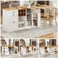 Flieks Kücheninsel Küchenschrank mit 360° drehbarer und klappbarer Arbeitstisch, (Holzoptik Tischplatte Tiefe 40-80cm, Längenverstellbar 120-197cm), ausziehbarer Esstisch & Mehrzweckschrank mit Weinregal Weiß