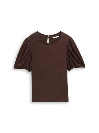 Denim Tom Tailor - Crinkle T-Shirt mit Ballonärmeln cool dark brown - Gr. - XS