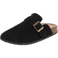 Ital-Design Damen Clog mit Schnalle in Veloursleder-Optik Pantolette (91895628) Flach Pantoletten in Schwarz