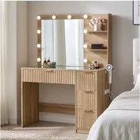 AMERLIFE Schminktisch mit LED-Beleuchtung, Glasplatte, 4 Schubladen, Holzoptik (1-St), 3 Lichtmodi, integrierte Steckdose, Föhnhalter, Rillenfront