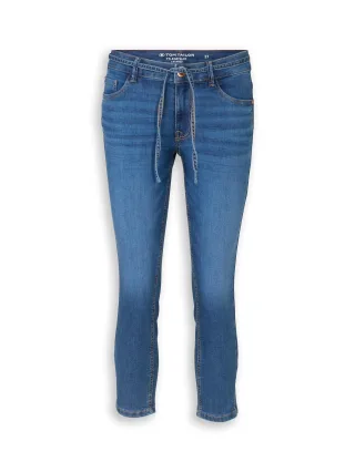 Tom Tailor - TTLENE SLIM CROPPED Stretch Jeans mit Bindegürtel clean mid stone blue denim - Gr. - 26