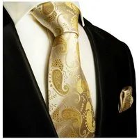 Paul Malone Krawatte Herren Hochzeit Seidenkrawatte und Tuch paisley brokat 100% Seide (Set, 2-St., Krawatte mit Einstecktuch) Schmal (6cm), ivory gold 886