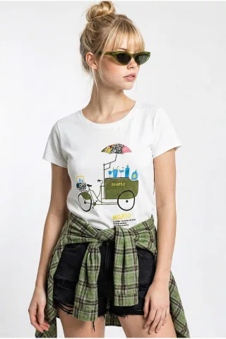 Gesticktes Bedrucktes Rundhals-T-Shirt