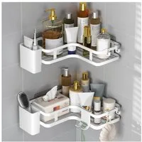 TUWENA Duschkorb 2 Stück Duschablage Ohne Bohren, Eckregal Badezimmer Regal Organizer, Wasserdichter und Rostfreier Duschregal mit 4 Haken,2 Zahnpasta Halter