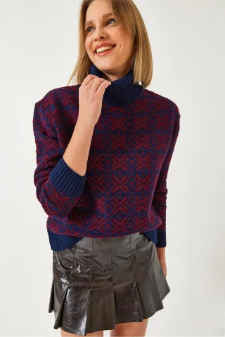 Geometrischer Strick-Crop-Pullover mit Rollkragen