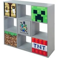 Minecraft Regal mit 4 Fächern & 5 Push to Open Türen - aus Holz mit Minecraft Motiv, 9 Fächer- Stauraumregal für Kinder, Jugendliche & Erwachsene - Grau