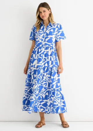 Blaues aztekisches Maxikleid mit übergroßem Smock