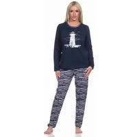 Normann Pyjama Maritim gestreifter Damen langarm Schlafanzug mit Leuchtturm Motiv