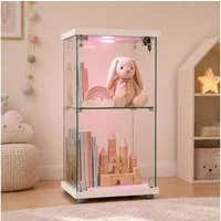 Simurq Glasvitrine Standvitrine mit LED und 1 Glastüren, 2 Lagen Glas Vitrinenschrank (Standvitrine aus Gehärtetes Glas und Holz, Glasschrank mit 1 Türen,Schloss,41x36,5x86,5 cm, Sammlervitrine) LED‑Beleuchtung