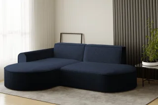 Ecksofa Designersofa BONDY in Stoff Ascot Dunkelblau Ottomane Links
