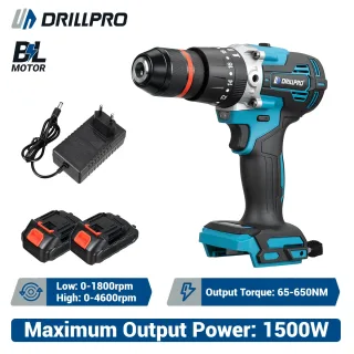 Drillpro Cordless Brushless Electric Impact Drill 1500W 650NM Torque 7500mAh Battery Dual Speed Professional Power Tool