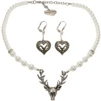 Alpenflüstern Ketten-Set Trachtenschmuck-Set Trachtenohrhänger Strassherz und Perlen-Trachtenkette Hirsch (creme-weiß), - Damen-Trachten-Schmuck, Trachtenset Dirndl-Kette und Trachten-Armkette