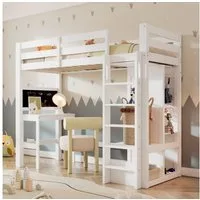 Odikalo Hochbett 90x200 Kinderbett mit Schreibtisch und Stauraum (mit Schreibtisch Offener Kleiderschrank und Regalen Kinderbett mit Lattenrost und Rausfallschutz Einzelbett Liegefläche 90x200cm, Weiß(ohne Matratze)