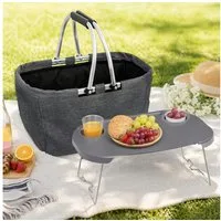 Haushalt International Picknickkorb Tragekorb Einkaufskorb Campingkorb 2in1 43x28x26cm Grau (Stück, 1 St., Packung), inkl. Klapptisch, Polyester, Kunststoff, ca. 25L, Tragegriffe