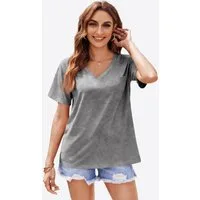 Imily Bela T-Shirt Damen Kurzarmshirt mit V-Ausschnitt (Packung, 1-tlg., 1per-Pack) Brusttasche