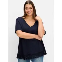 Sheego T-Shirt T-Shirt Kurzarm mit V-Ausschnitt und Fransen am Saum