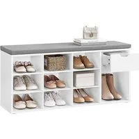 VASAGLE Schuhbank Schuhregal, Flur, Schlafzimmer und Eingangsbereich, 30 x 104 x 48 cm, 1 Schublade, 10 offene Fächern, Sitzbank, gepolsterter Sitz, weiß