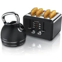 Arendo Frühstücks-Set Edelstahl Wasserkocher 1,7l, 4-Scheiben Kurzschlitz Toaster, schwarz (2-tlg), Frühstücksset, Wasserkocher Retro, Toaster Vintage, 2 Rösteinheiten