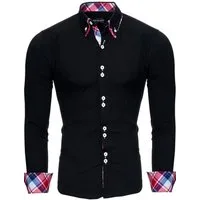 Reslad Langarmhemd Reslad Herren Hemd Button-Down Slim Fit Kontrast Langarmhemd RS-7015 (3-tlg., Hemd) Doppelkragen Kontrast Karo Muster Hemden