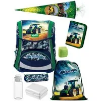 Familando Schulranzen Traktor Schultasche 1. Klasse, leicht, kompakt, ergonomisch (Set, 8-tlg., inkl. Federmappe, Lunch-Set und Schultüte / Zuckertüte), höhenverstellbares Rückenpolster, mit Brust- und Beckengurt