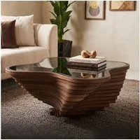 alesvelt Couchtisch Couchtisch rustikal handgefertigt Nussbaum Beistelltisch Glasplatte (1-Tisch), 90x90x39cm handgefertig Unikat Wellen-Optik MDF