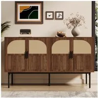 Merax Sideboard mit 4 Türen, Rattanfurnier und Walnussholz-Optik (1 St., Aufbewahrungsschrank Anrichte), Kommode mit Stauraum, gedämpften Scharnieren & Stahlbeinen,140×40×80cm