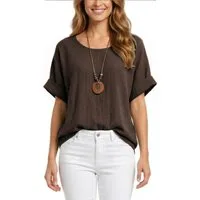 dy_mode Kurzarmbluse Damen Kurzarm Bluse Leichte Sommer Tunika Baumwollbluse Oberteil in Unifarbe, mit passende Kette