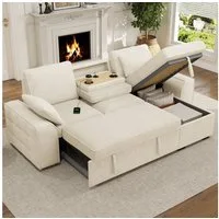 Merax Ecksofa mit verstellbaren Rückenlehnen, Schlafsofa mit Schlaffunktion,Chenille, 1 Teile, 3-Sitzer-Sofa mit USB-Ladeanschluss, Getränkehaltern & Stauraum