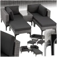 tectake Loungeset Rattan Sitzgruppe mit Sicherheitsglasplatte, schlanke, hohe Beine, (Gartenlounge-set Bellaria, 5-tlg., geeignet für Outdoor in Grau), wetterfest und UV-beständig, Dicke der Sitzpolster 8 cm