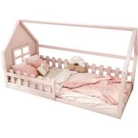 Flieks Massivholzbett, Kinderbett Hausbett Einzelbett 90x200cm mit Lattenrost und Zaun