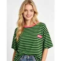 MIRROSI Sweatshirt Damen Kurzarm T Shirt Oversize Neonfarben Streifenmuster Ringelshirt, One Size Passform (ca. Gr. 34–40), Made in Italy